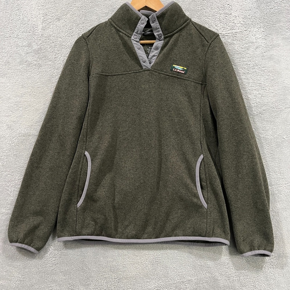 L.L.Bean Fleece Pullover Sweater Women Medium Green Snap Placket Kangaroo Pocket
